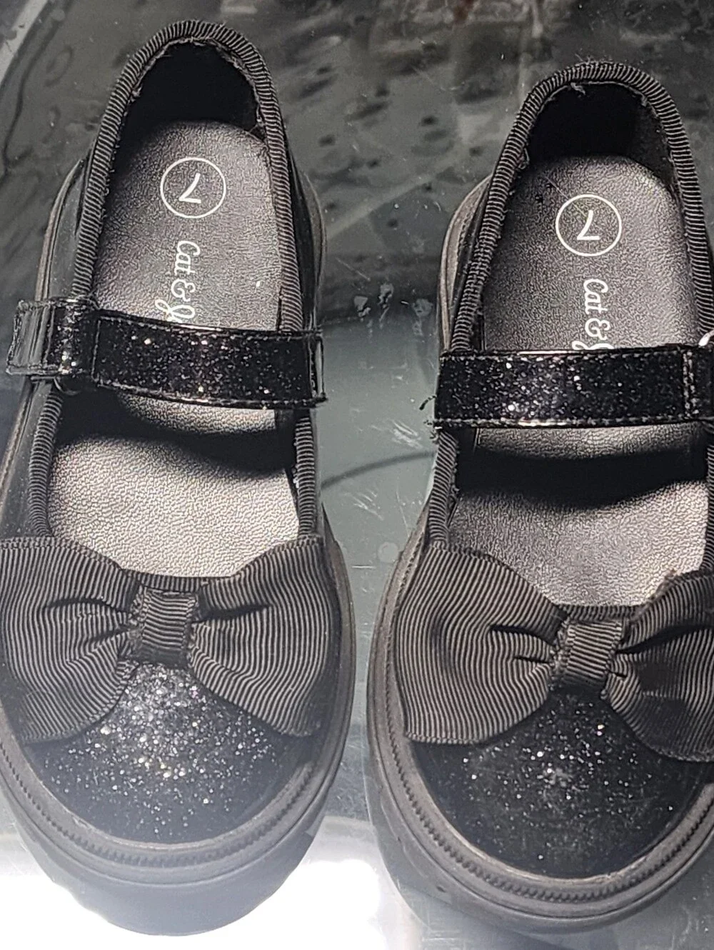 Cat & Jack Bridget Mary Jane flats Black glitter Bow Toddler Girls 7